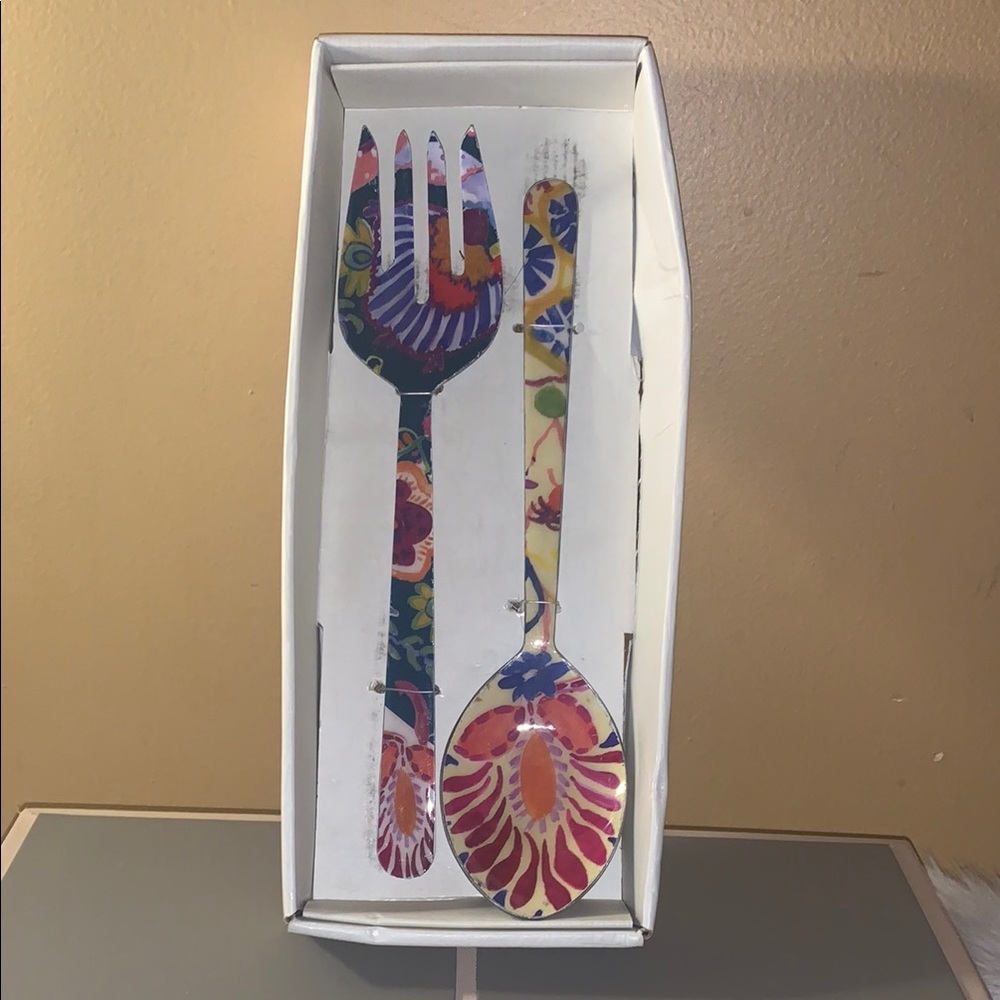 🇺🇸 Colorful Floral Serving Spoon Fork Set Festive Picnic BBQ Serveware NIB India